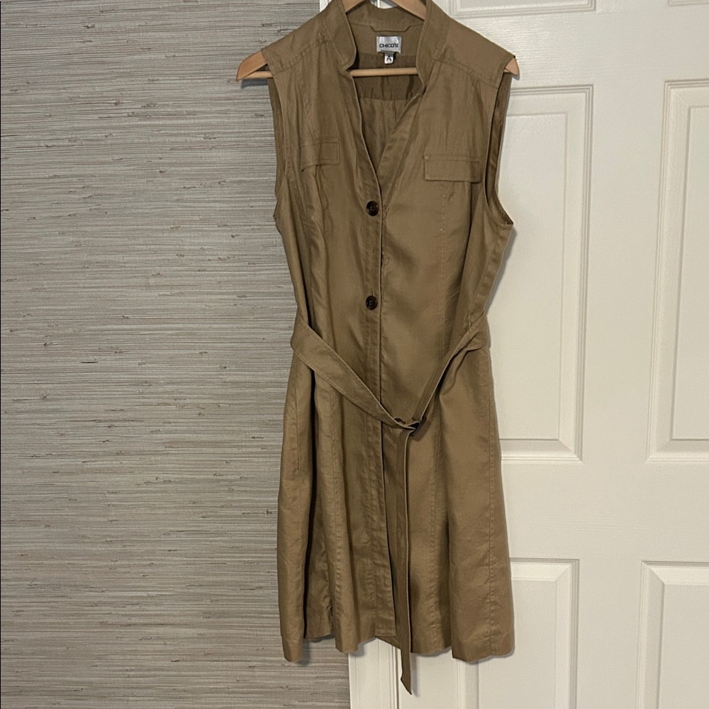Chico’s Linen Sleeveless Tan Button-Down Belted Dress, size 3 (14-16)